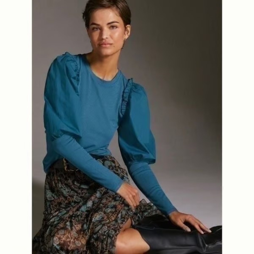 Sunday in Brooklyn Teal Ribbed Puff Sleeve Ruffle Top Long Sleeve Blue Size S